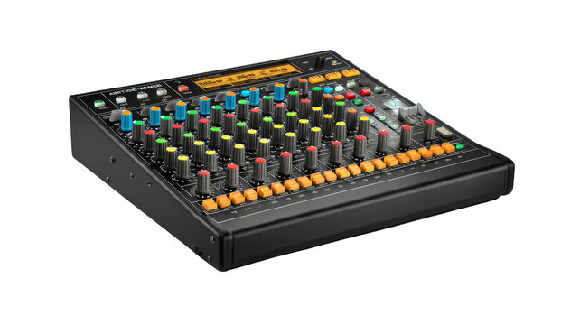 Audio mixing console with numerous knobs and faders