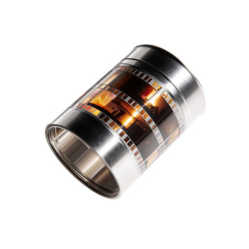 Cylindrical metal container holding a roll of film with a sepia-toned image