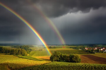 Picturesque Arch Rainbow Over Lush Fields and Cloudy Sky: A Breathtaking Outdoor Scene Celebrating Nature's Beauty in Agriculture