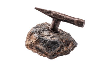 Rusty metal hammer atop a weathered rock