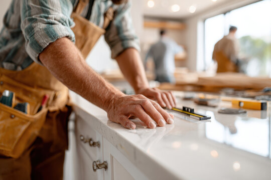 Craftsman measuring marble countertop in modern kitchen renovation project