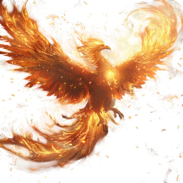 A majestic phoenix rising from flames, digitally rendered with vibrant orange and yellow hues, symbolizing rebirth, transformation, and fiery power isolated on transparent background