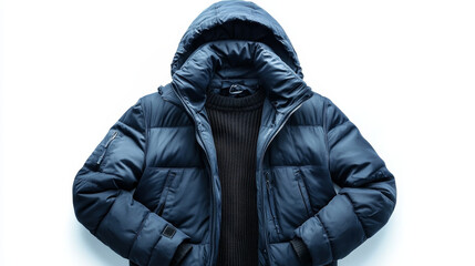 Dark blue hooded down jacket paired with a black sweater, isolated on white background, part of a set of seven clothing items