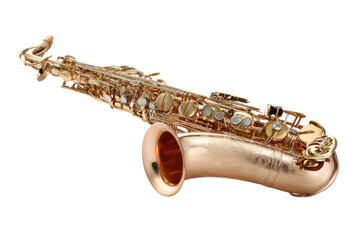 Obraz premium Rose gold colored alto saxophone, angled view