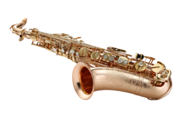 Rose gold colored alto saxophone, angled view