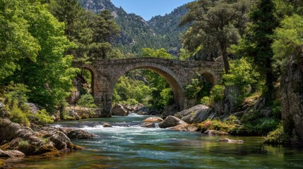 Picturesque mountain river and stone arch bridge