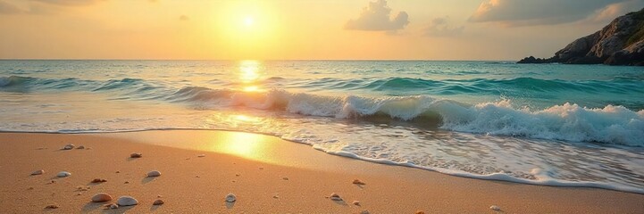 Golden hour sunlight bathes a pristine sandy beach, gentle waves lapping the shore Seashells scattered along the tideline, sea breeze, coastal calm, tranquil scene , relax, seaside
