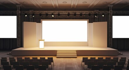 Empty conference stage with screens and seating, ready for presentation or event.