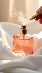 Close-up shot of a delicate spray bottle dispensing a fine mist of perfume onto soft, white fabric, creating a sense of freshness and luxury , clean, pure essence