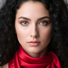 A close-up portrait of a woman with curly hair and a red scarf