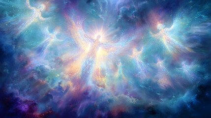 Divine Orders Beyond Human Vision, Radiant Celestial Beings Emerging from Fractal Light in Surreal Heavenly Atmosphere