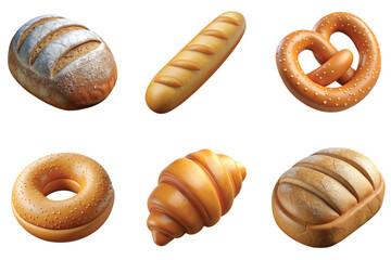 Set of 3d bread product icons, baguette croissant loaf bagel, pretzel, bakery food isolated on transparent background