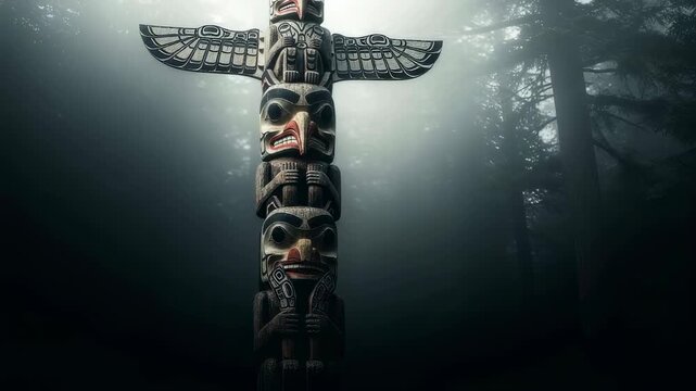 Ancient traditional totem pole standing tall in a dark, misty forest, symbolizing indigenous culture and heritage.