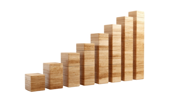 A light beige wooden stair-step graph.  Stacked blocks ascend in a rising line against a black background.  The blocks are rectangular and appear to be made of a smooth wood material