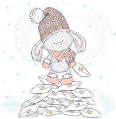 Hare standing on a pile of letters. Vector illustration for greeting card, poster, or print on clothes. Cute rabbit in a hat and boots.