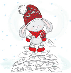Hare standing on a pile of letters. Vector illustration for greeting card, poster, or print on clothes. Cute rabbit in a hat and boots.