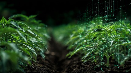 Vibrant green plants thrive in fertile soil with futuristic digital data overlay, symbolizing agricultural innovation and growth