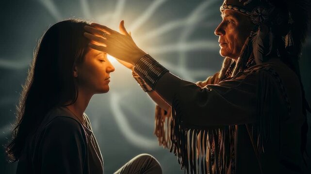 Man in ethnic headdress healing woman with glowing hands. Energy, spiritual, and reiki healing concept. Slow motion video footage.