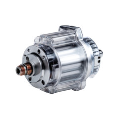 Close-up of a precision machine part, showcasing a complex, metallic gear assembly encased in clear plastic housing.