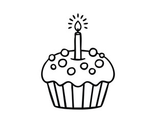 Birthday cupcake with candle line art outline, monochrome hand drawn.