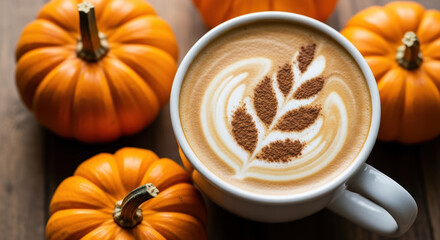 Warm pumpkin spice latte with seasonal pumpkins for autumn. Pumpkin spice latte served in white cup with latte art; autumnal coffee drink captures cozy fall flavors.