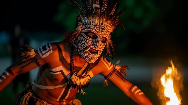 Man with tribal mask and body paint performing fire dance. Traditional native culture ritual show at night. Live performance celebration footage.