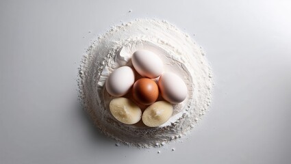 Simple yet inviting collection of eggs and flour for baking.