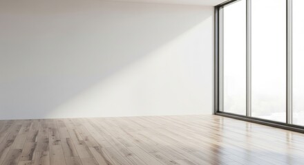 Obraz premium Bright spacious empty room with wooden floor and large window