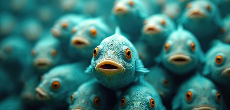 Cyan fugu fish heads form abstract underwater collage. Blurry, poisonous pufferfish create mosaic texture. Tropical marine life, exotic seafood, dangerous wildlife elements for backgrounds, digital - Powered by Adobe