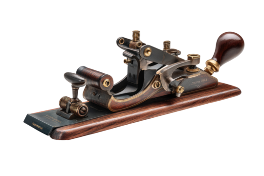 Vintage woodworking plane, intricate design,  dark wood and metal