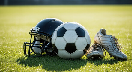 Sports equipment on field for game day: Football helmet and soccer ball with cleats rest on green grass of field.