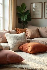 Soft, plush cushions scattered on a cozy living room floor, creating a relaxed and inviting atmosphere Perfect for a quiet afternoon or a family gathering , cushion, texture, serenity