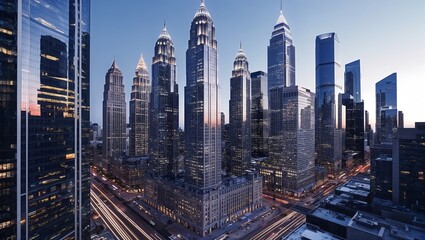 Obraz premium Impressive city skyline illuminated by evening twilight ambiance.