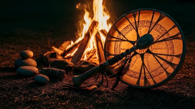 Shamanic drum and beater with traditional patterns sitting by glowing campfire and stones at night, footage