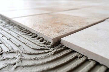 Tile installation process featuring adhesive application on a concrete floor