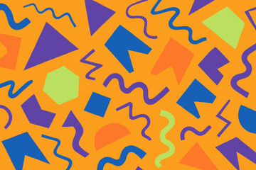 A vibrant and playful abstract design filled with various geometric shapes such as triangles, squares, and wavy lines in bold colors set against a bright orange background
