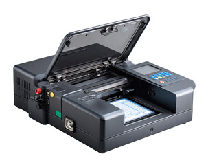 Obraz premium Dark-gray, rectangular device with open lid, showing internal components and a document