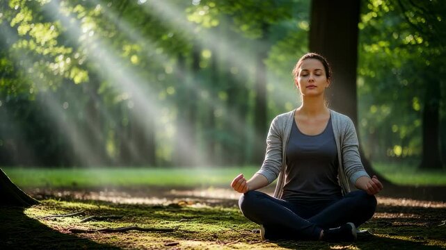 Woman meditating in a peaceful forest with sun rays. Mental healthy concept, zen and mind balance. Wellness lifestyle footage.