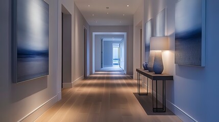Minimalist hallway showcasing refined design and statement furniture.