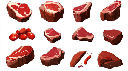 Set of steak icons: raw and cooked chops, sirloin, roast, and fresh beef pieces for barbecue or grill, isolated on white. Cartoon vector illustration