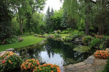 Lush Backyard Pond: A Beautiful Day in a Formal Garden with Vibrant Flowers and Elegant Landscape Design
