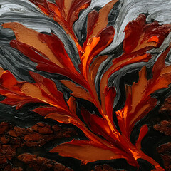 Textured abstract painting of fiery red foliage on dark background