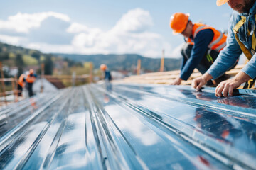 Construction workers in orange safety gear working on a metal roof under a clear blue sky