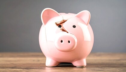 A pink ceramic piggy bank, showing a significant crack, sits on a wooden surface against a muted gray backdrop, symbolizing financial hardship and loss.