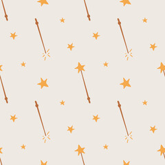 Seamless pattern with hand drawn yellow stars and magic wands on beige background. Childrens magic simple pattern. Starry sky. Wizard and astrologer attributes. Pastel background for kids. Cute cozy © Anastasiia