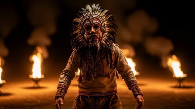 Man in ritual mask with open arms performing a ceremony with fire at night. Celebration of an ancient ritual. Footage.