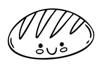 Smiling bread loaf character line art outline, monochrome hand drawn.