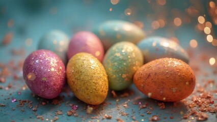 Obraz premium Pastel Glitter Easter Eggs on Teal Surface with Bokeh Lights