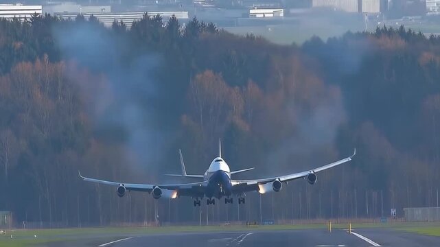 A majestic airplane taking off with smoke trails against a scenic forest backdrop