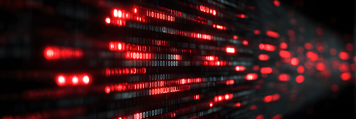 high-tech cybersecurity concept with dynamic array o glowing red binary code o screens, suggesting advaned data encryption, networ security, or programming nterface, cyber protection hacking